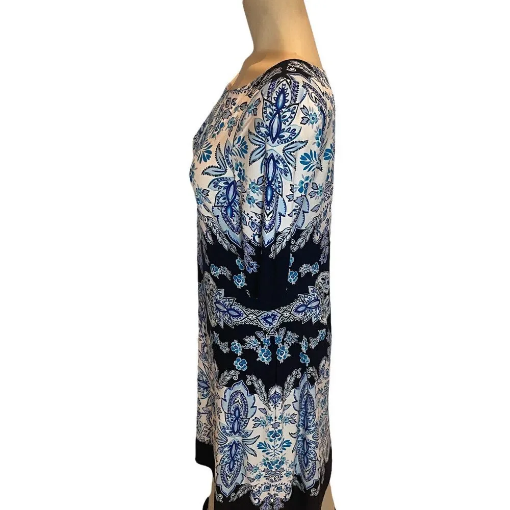 Eliza J Sheath Dress Women's Size 4 Print Blue Victorian Geom Pattern Crew‎ Neck